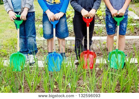 Four boys playing with plastic shovels in the garden at summer day