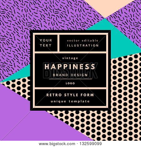 Retro logo in frame outline memphis geometric background. Retro label package template. Romantic minimal logo in frame on geometric layout. Retro package template. Trend layout, art print.