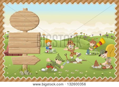 Card with a wooden signs. Cute cartoon explorer boys on a green park.
