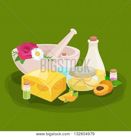 Bottles with organic essential aroma oil and soap bar set vector illustration