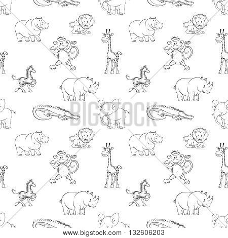 Wild animals lion elephant zebra hippo monkey seamless pattern cartoon style