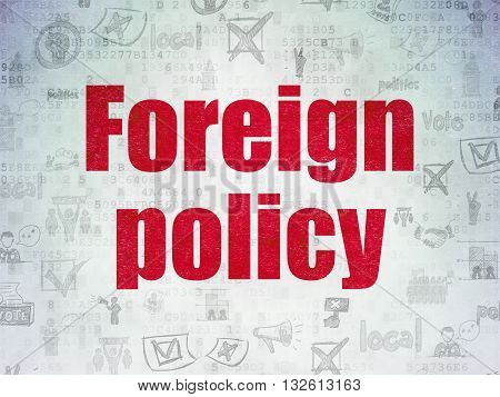Political concept: Painted red text Foreign Policy on Digital Data Paper background with   Hand Drawn Politics Icons