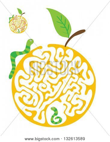 Maze puzzle for kids with caterpillars and apple. Labyrinth illustration, solution included.