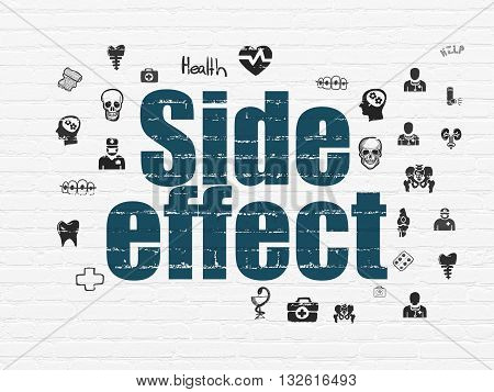 Health concept: Painted blue text Side Effect on White Brick wall background with  Hand Drawn Medicine Icons