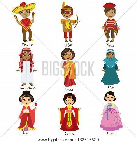 Kids In National Costumes Set Of Cute Bright Color Childish Design Vector Illustrations Isolated On White Background