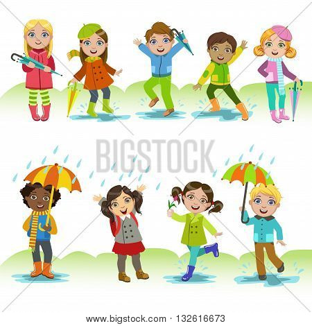 Children Enjoying The Rain Childish Cartoon Style Cute Vector Illustration On White Background