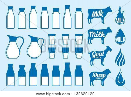 Milk bottles glasses and design elements. Milk icons collection for grocery agriculture store packaging and advertising.