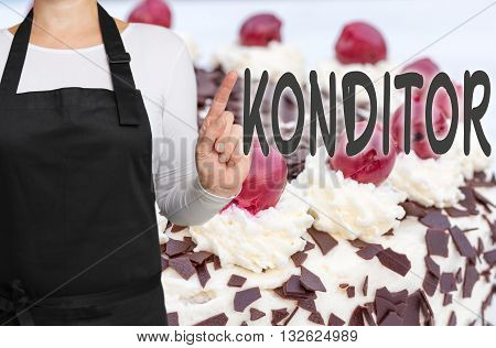 Konditor (in german Confectioner) with cake background concept template.