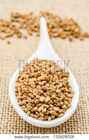 Fenugreek seeds in white spoon on sack background.