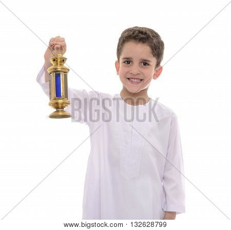 Portrait Of Muslim Boy In White Djellaba Celebrating Ramadan