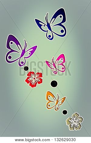 Butterflies and flowers in abstract colors and grey background