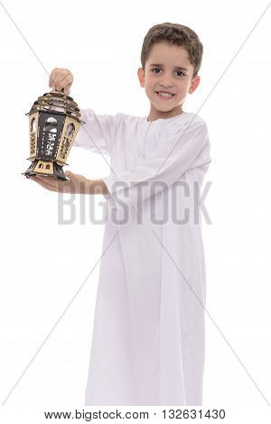 Muslim Boy In White Djellaba With Lantern Celebrating Ramadan