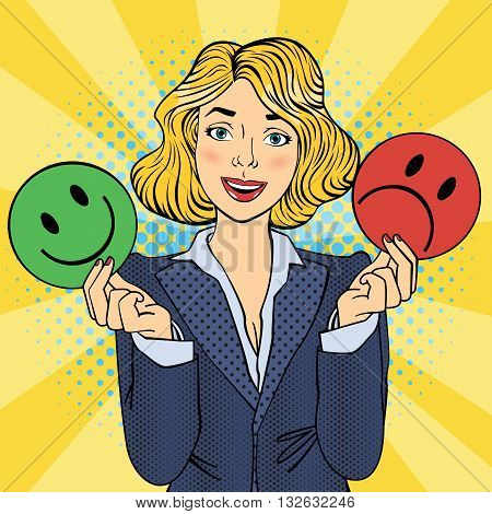 Woman Holdings Emoticons in her Hands. Pop Art Vector illustration