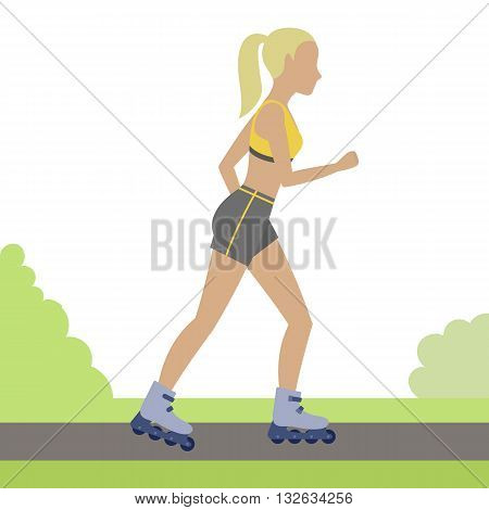 Woman rollerblading outdoor. Girl on roller skates in the city park. Vector.