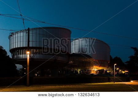 STRASBOURG FRANCE - JULY 19 2015: European Court of Human rights illuminated at night