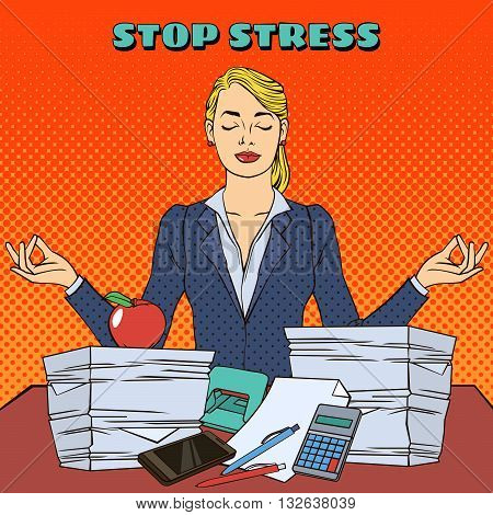 Businesswoman in Yoga Pose. Pop Art Vector illustration