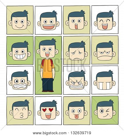 Men emotions set of faces vector characters.