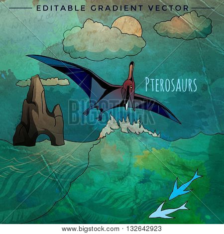 Pterosaurs. Vector illustration of a dinosaur in its habitat.