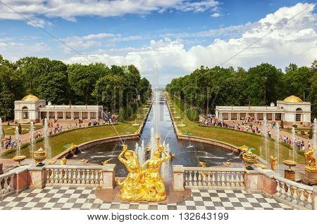 ST. PETERSBURG, RUSSIA -JUNE 02, 2016: Fountains of Lower Gardens, the Sea Canal  in Peterhof, near Saint Petersburg. Fountains of Peterhof are one of Russia's most famous tourist attractions