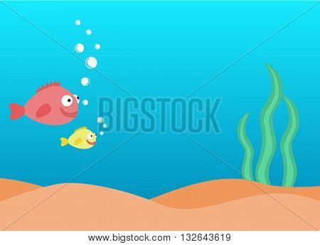 Colorful underwater background undersea world with fishes and seaweed with place for text