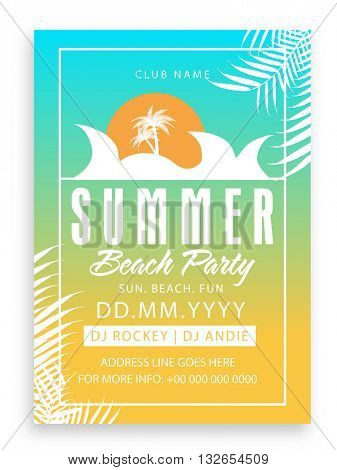 Musical Party Flyer or Invitation Card design with illustration of palm leaves on shiny background.