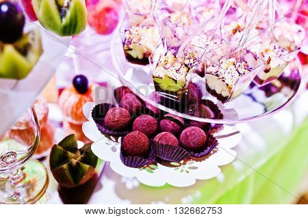 Elegance Wedding Reception Table With Food And Decor. Sweet Cackes