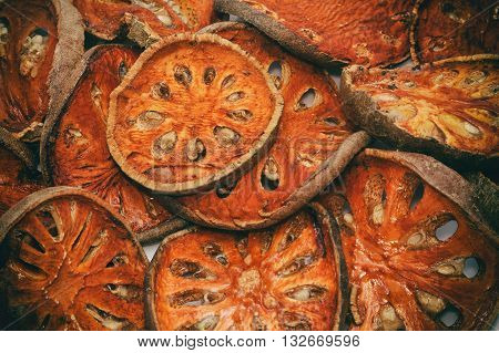 Close up slices of dried bael fruit
