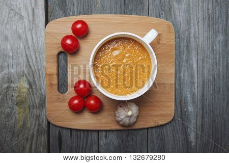 Fresh Vegetable Soup Gazpacho On The Table. Top View