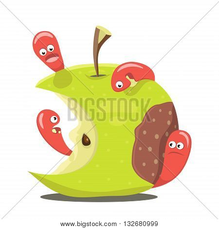 Worm eaten rotten apple flat design vector illustration