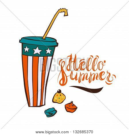Summer ice-drink in paper cup, cartoon style