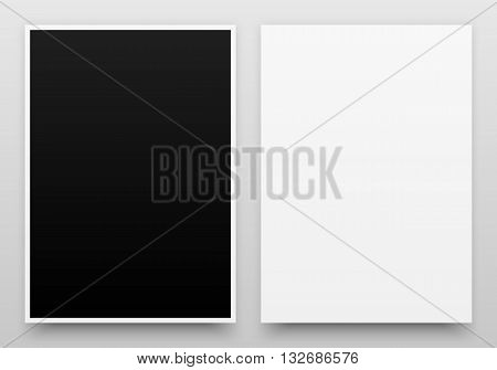 A2 white and black posters realistic template, mock-up with margins, realistic shadow and light background for design concepts, presentations, web, identity, prints. Vector illustration.