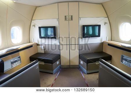 NEW YORK - MARCH 13, 2016: interior of Boeing 747-8I. The Boeing 747 is an American wide-body commercial jet airliner and cargo aircraft.