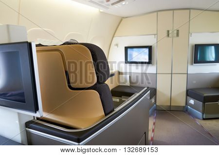 NEW YORK - MARCH 13, 2016: interior of Boeing 747-8I. The Boeing 747 is an American wide-body commercial jet airliner and cargo aircraft.