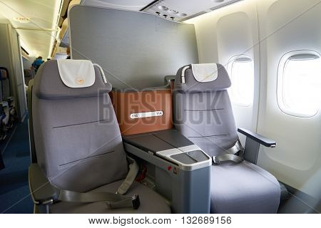 NEW YORK - MARCH 13, 2016: interior of Boeing 747-8I. The Boeing 747 is an American wide-body commercial jet airliner and cargo aircraft.