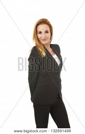 corporate business portrait attractive blond hair businesswoman smiling happy and confident isolated on white background in female career success