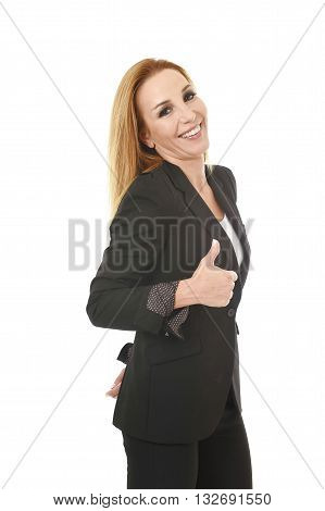 corporate business portrait attractive blond hair businesswoman giving thumb up smiling happy and confident isolated on white background in female career success