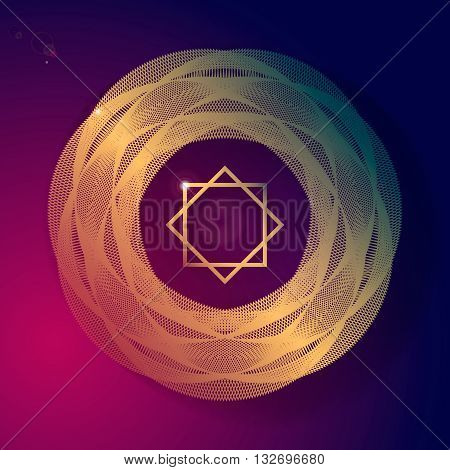 Realistic abstract gold object with polygram, flare and gradient purple background.