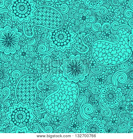 Doodle seamless background in turqoise vector with doodles flowers and paisley. Vector ethnic pattern can be used for wallpaper pattern fills