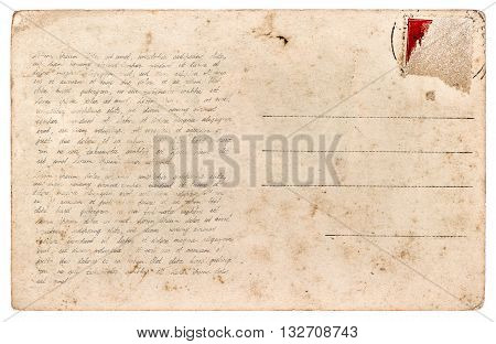 Used postcard. Vintage paper sheet isolated on white background. Sample handwritten text Lorem ipsum