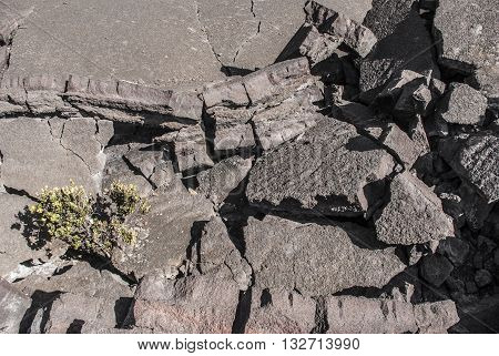 Overhead view of crumbling lava rock in the Kilauea Iki Crater in Volcanoes National Park Hawaii United States.