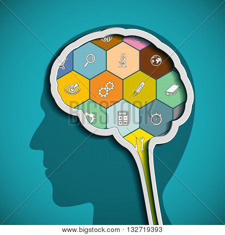 Head with the brain. The human mind. Stock vector illustration.