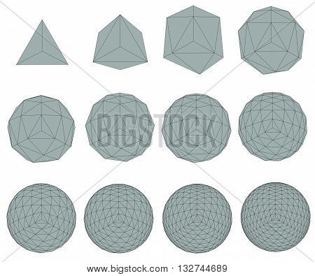 Vector illustration set with spheres. The transformation from simple to complex. Grid. Isolated.