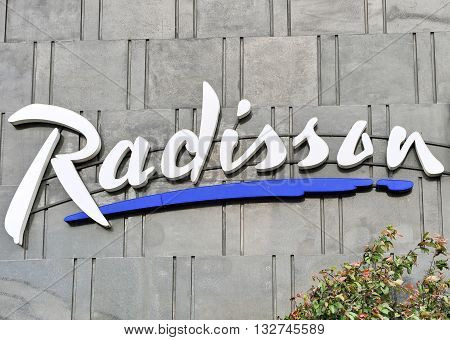 SOFIA BULGARIA - MAY 5: Logotype of Radisson in the street of Sofia on May 5 2016. Radisson Hotels is an international company founded in USA.