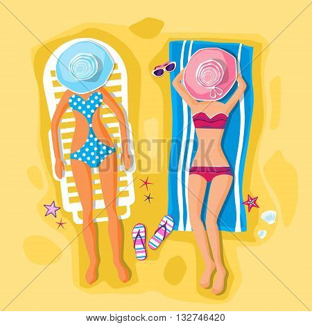 Woman Lying Beach Sand Sunbathing Seaside Tropical Summer Vacation Holiday Flat Vector Illustration