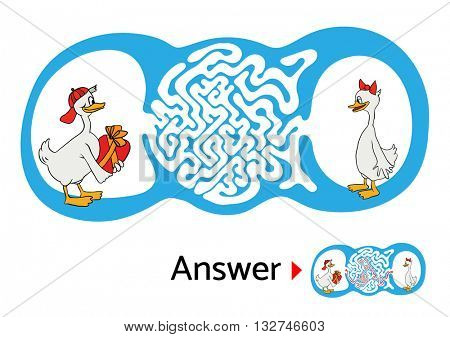 Maze puzzle for kids, labyrinth illustration with solution.