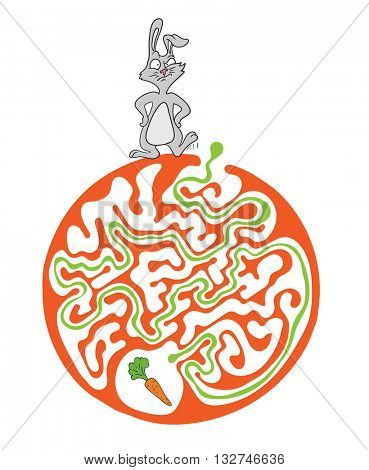 Maze puzzle for kids with rabbit and carrot. Labyrinth illustration, solution included.