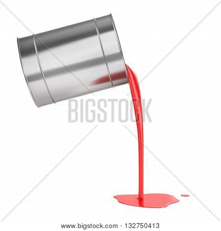 Red liquid paints spouting from can isolated