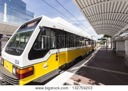 DALLAS USA - APR 7: Dallas Area Rapid Transit (DART) train at the Union Station in Dallas. April 7 2016 in Dallas Texas USA
