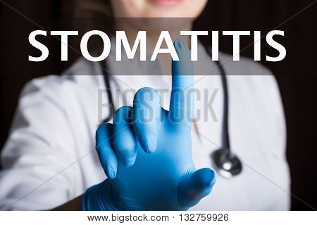 technology, internet and networking in medicine concept - medical doctor presses stomatitis button on virtual screens. Internet technologies in medicine.
