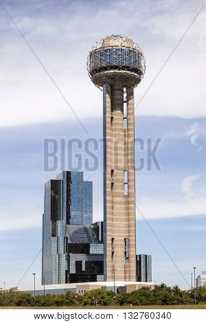 DALLAS USA - APR 7: The famous Reunion Tower with a 171 m high observation deck in Dallas Downtown. April 7 2016 in Dallas Texas USA